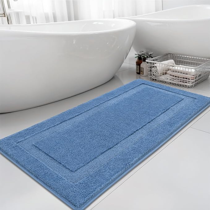 SHACOS Soft Microfiber Bathroom Rugs Set of 2 Pieces, Blue | 47x20 + 32x20, Absorbent Plush Bath Rugs, Non Slip Washable Shaggy Bath Mats, Fluffy Bathroom Runner Floor Mats Shower Rug