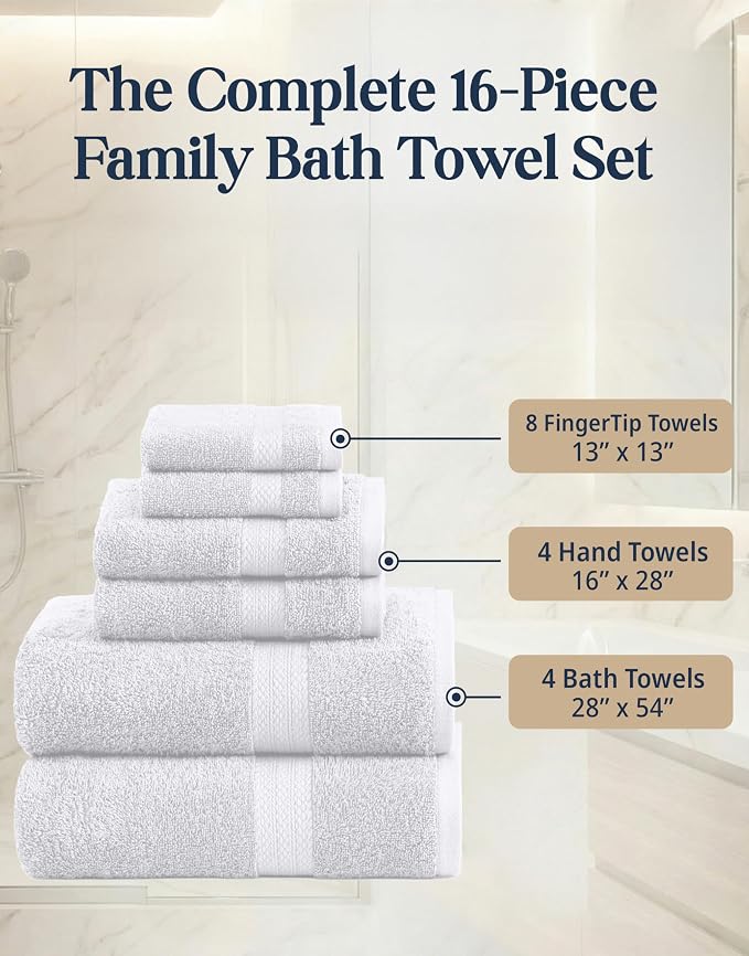 LANE LINEN Bath Towel Set 100% Cotton 16 Piece Soft Absorbent - White | Shower Towels - Generously Sized, Oversized & Roomy, Lightweight & Breathable, Fade-Resistant Color, Classic Terry Weave