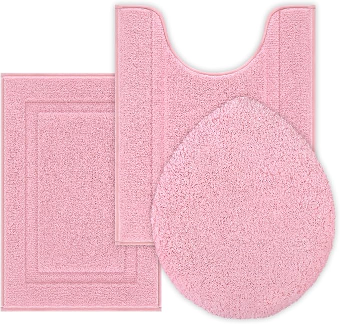 SHACOS 3 Pieces Bath Rugs Set with Toilet Lid Cover Soft Absorbent | Bath Mats U Shape Contour Rug Toilet Cover Absorbent Non Slip Machine Washable Plush Bathroom Rug (Pink)