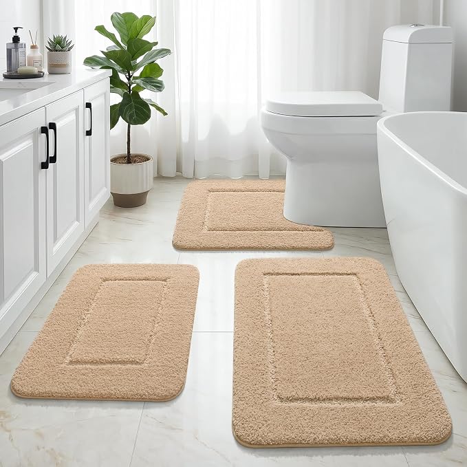 LOCHAS Bathroom Rug Set 3 Piece, Bath Rugs Sets Non Slip Backing, Beige | Washable Absorbent Microfiber Bath Mat Set, Soft Cozy Bathroom Mat for Shower Sink Toilet
