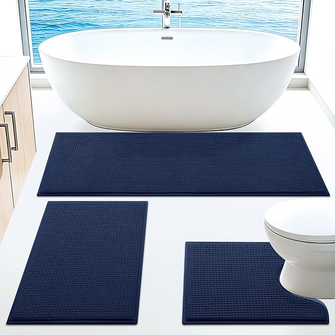 Memory Foam Bath Mat Set 3 Piece, Ultra Soft Absorbent Waffle Bathroom Rugs, Super Non-Slip PVC Backing Bath Rug Quick Dry, Machine Washable Rug for Tub, Shower, Home Decor Accessory, Navy Blue