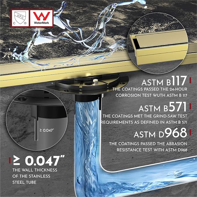 WEBANG 12 Inch Linear Shower Drain Rectangular Floor Drain with Accessories Reversible 2-in-1 Cover Tile Insert Grate Removable SUS304 Stainless Steel CUPC Certified Brushed Gold