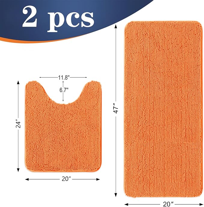 OLANLY Chenille Bathroom Rugs Mats Sets 2 Piece, 47"x20"+24"x20", Orange | Soft Absorbent Bath Mat and U-Shaped Contour Toilet Rug Set, Quick Dry, Machine Washable Bath Carpet, Home Decor Accessories