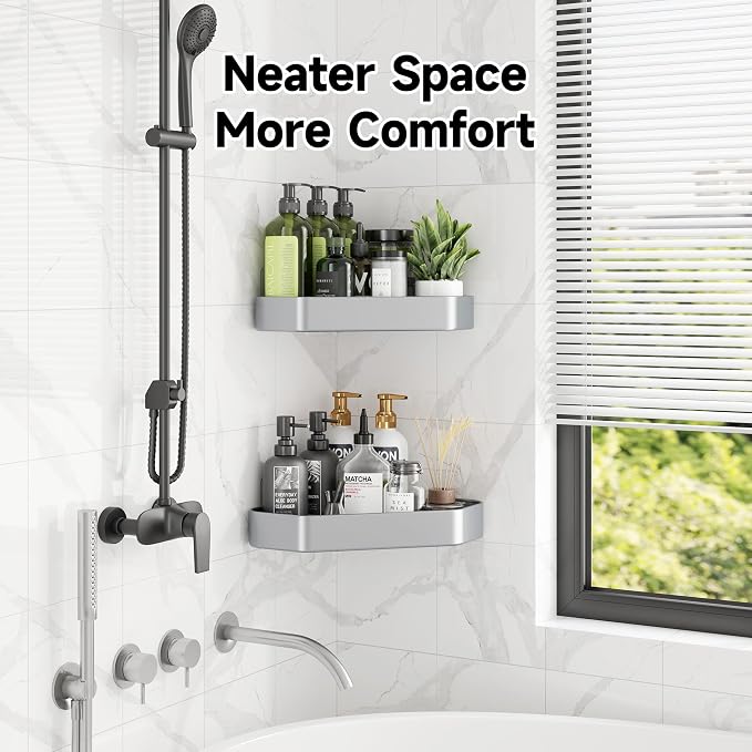 Veken Aluminum Corner Shower Caddy 4-Pack, Never Rust, No Drilling Adhesive Shelves, Stainless Rack with Soap Holder, Bathroom Organizers and Storage, Wall-Mounted Kitchen & Home Decor, Silver