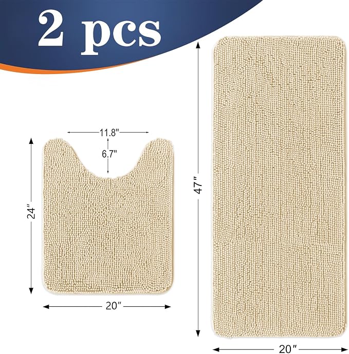 OLANLY Chenille Bathroom Rugs Mats Sets 2 Piece, 47"x20"+24"x20", Beige | Soft Absorbent Bath Mat and U-Shaped Contour Toilet Rug Set, Quick Dry, Machine Washable Bath Carpet, Home Decor Accessories