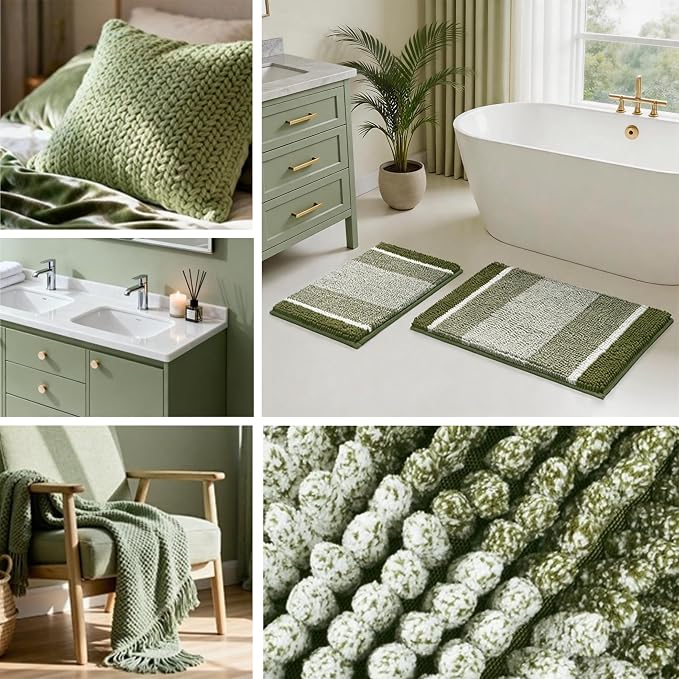 HOMEIDEAS Sage Green Bathroom Rugs Set, Striped Chenille, 20"x32"+17"x24" | Non Slip Absorbent Bath Mats, Fluffy Striped Chenille Soft Shaggy Bath Rugs for Bathroom Floor and Tub, Machine Washable