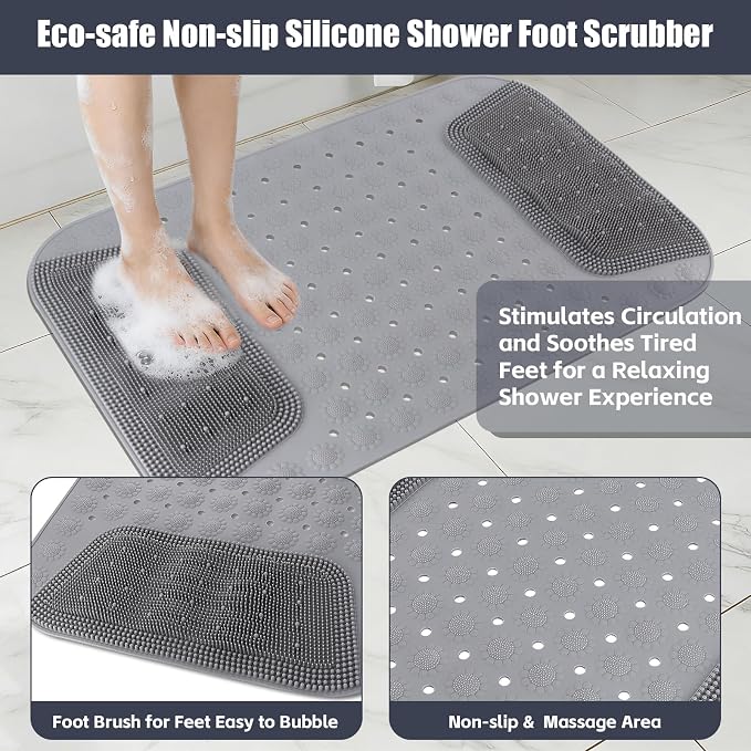 Bathtub Shower Mat Non Slip, 28.7x18.9 inch Silicone Bathroom Mat with Foot Scrubber on Both Sides, Drain Hole and Suction Cups, Machine Washable Bath Mats for Elderly, Pet (Gray)