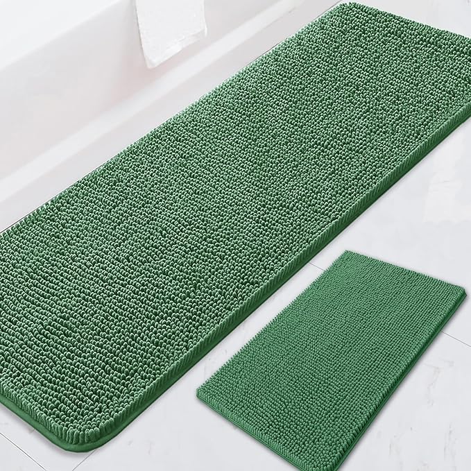 BOANKODU Bathroom RugsSets 2 Piece，59X24+16X24Inch，Absorbent Non-Slip Very Soft Chenille Mat,Machine Washable（Dark Green）