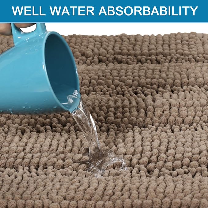 H.VERSAILTEX Bath Mats for Bathroom Non Slip Extra Thick Chenille Striped Bath Rug 24" x 36" Absorbent Non Skid Fluffy Soft Shaggy Rugs Washable Plush Mats for Indoor, Bath Room, Tub - Taupe Brown