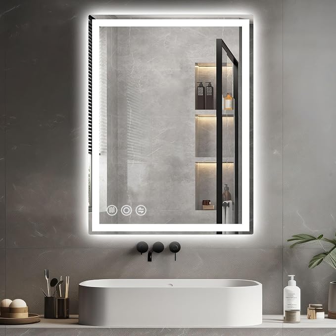 Memobarco 28" x 36" LED Bathroom Mirror with Lights, Memory Vanity Mirror | Anti-Fog, 3 Color Modes, Dimmable, Front Lit, Memory Function, Tempered Glass, Lighted Bathroom Mirror for Wall