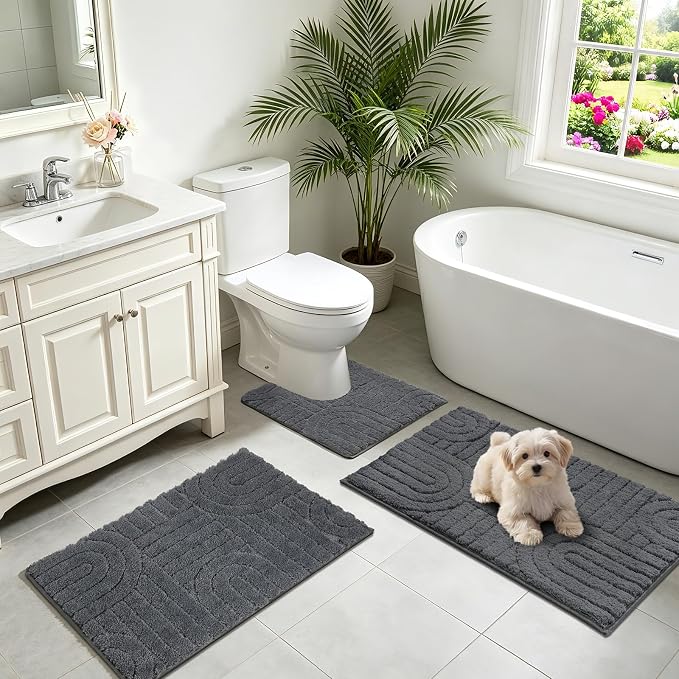 Homcomoda Bathroom Rugs Sets 3 Piece, Soft Absorbent Microfiber Bath Mats and U-Shaped Contour Toilet Rug, Non Slip Bath Rugs Machine Washable Shaggy Bath Room Floor Mats, Dark Grey