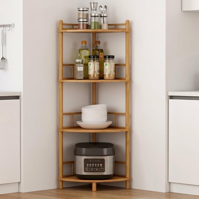 4-Tier Expandable Bamboo Corner Shelf Stand,Corner Bookshelf, Display Storage Shelves with Open Shelves, for Organization and Storage, Living Room, Home Office, Garage (Natural, 4-Tier WithRail)