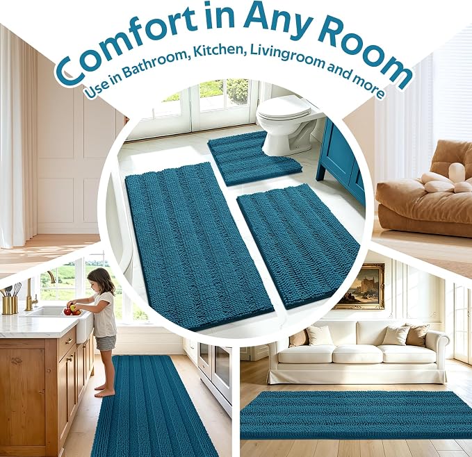 ACCUMTEK Comfydew Striped Teal Blue Bathroom Rug Set 3 Pieces Ultra Soft, Non Slip Chenille Toilet Mat, Absorbent Plush Shaggy Bath Mats for Bathroom, Bedroom, Kitchen
