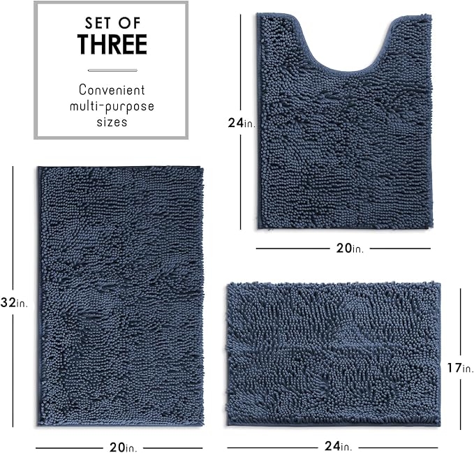 Hearth & Harbor Bathroom Rugs, Chenille Bath Mat - Machine Washable Bath Mats for Bathroom Non-Slip Backing Rubber, Quick Dry Mat - Navy Blue Bath Rug, 17x24-20x32-20x24