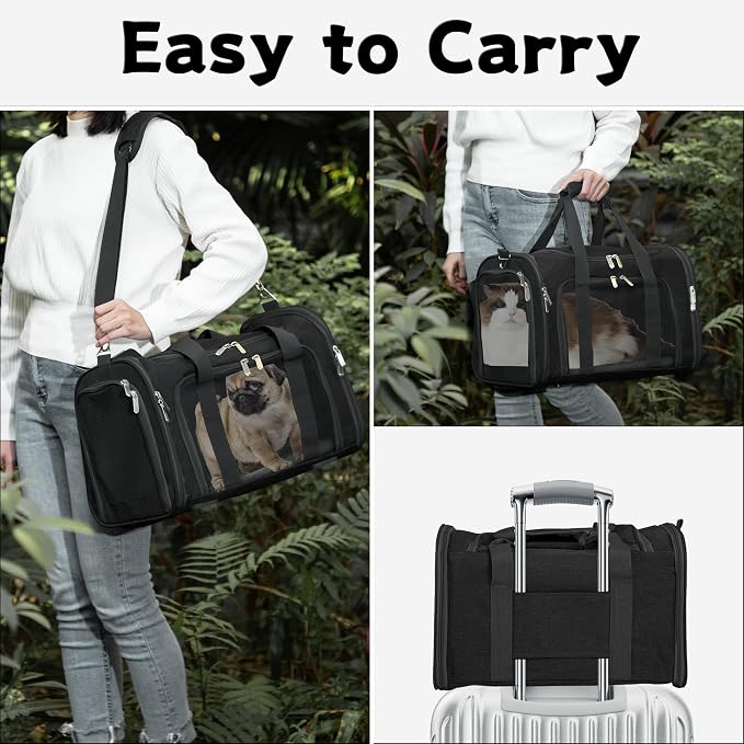 Soft-Sided Cat/Dog/Pet Carrier, Collapsible Pets Travel Carriers | for Big Cats/Small Dogs with Shoulder Strap & Removable Mat, Mesh Puppy Carry Bag, Up to 16 Lbs, TSA Airline Approved(Black)