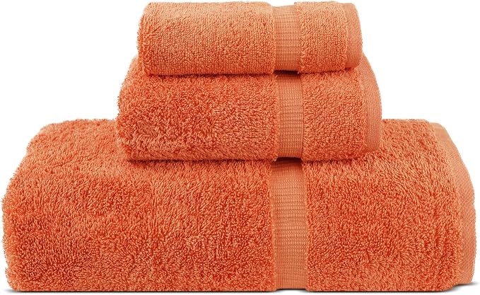 Chakir Turkish Linens 100% Cotton Personalized 3-Piece Set, Coral | Personalized 100% cotton 3-pc set, OEKO-TEX certified: bath 27x54, hand 16x30, wash 13x13