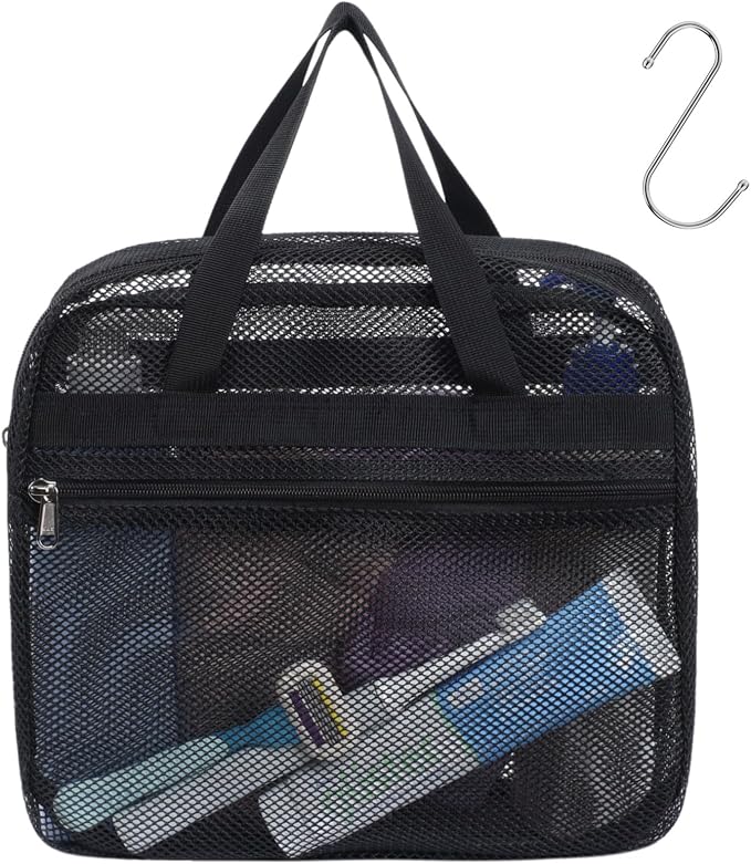 F-color Mesh Shower Caddy Portable with Zipper -Dorm Room Essentials for Guys Girls with S Hook, Shower Bag Basket Tote for College Camping Toiletry Bathroom, Black