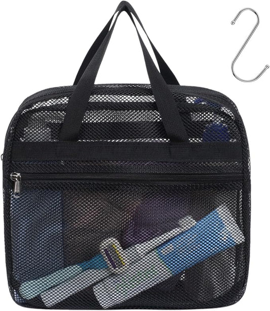 F-color Mesh Shower Caddy Portable with Zipper -Dorm Room Essentials for Guys Girls with S Hook, Shower Bag Basket Tote for College Camping Toiletry Bathroom, Black