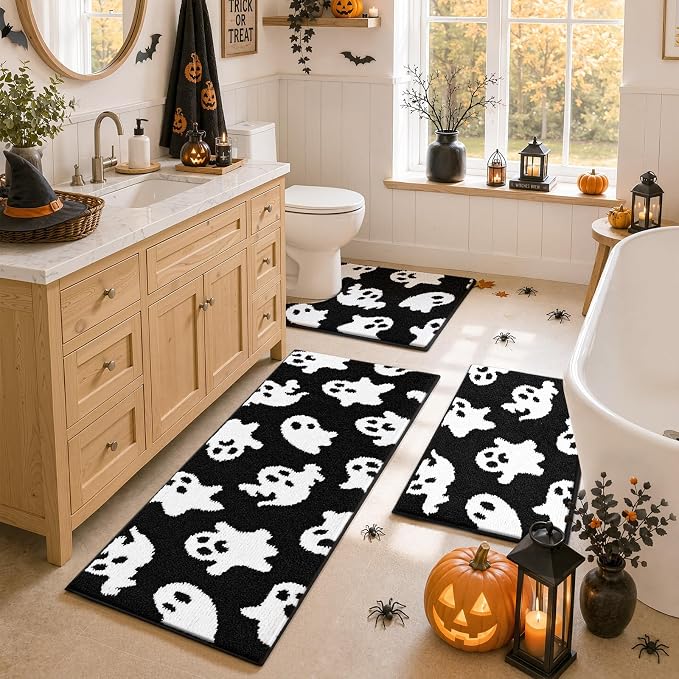Findosom Halloween Bathroom Rugs Sets 3 Piece, Absorbent Soft Bath Rug Set | Washable Non-Slip Microfiber Shaggy Ghost Bath Mat Set with Bathroom Runner Rug, U-Shaped Toilet Rugs, Shower Rug, Black