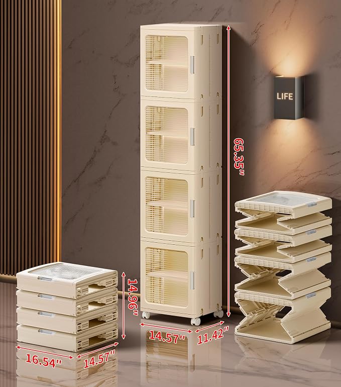4-Tier Tall Narrow Bathroom Storage Cabinet with Doors and Adjustable Shelves Slim Foldable Cabinets with Wheels Small Spaces Plastic Organizers for Kitchen Laundry Room Bedroom Pantry,Beige