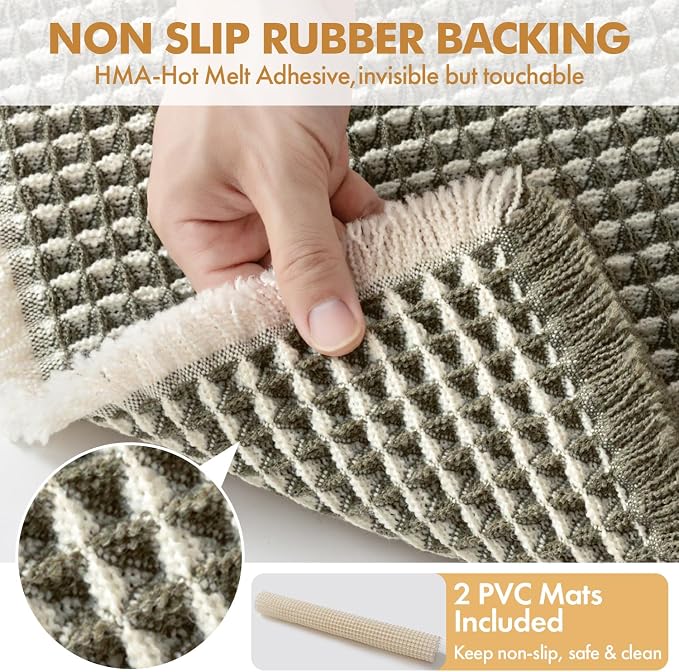 MIULEE Set of 2 Waffle Bathroom Rugs Green&Cream Bath Mat 17"x24"+20"x47" | Non Slip, Super Absorbent, Washable, Ultra Soft, Rubber Backed, Small Boho Bath Rug and Bathroom Runner for Floor Tub Shower