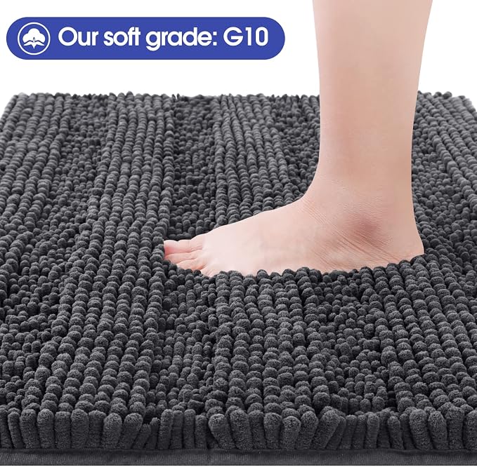 ACCUMTEK Striped Grey Bathroom Rug Mat 59"x20" Ultra Soft, Non Slip Chenille Bath Rugs, Absorbent Plush Shaggy Bath Mats for Bathroom, Bedroom, Kitchen, Shower, Tub,Dark Gray, Charcoal