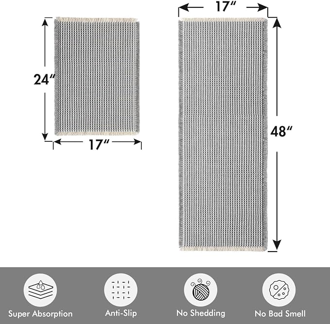 MIULEE Set of 2 Waffle Bathroom Rugs LightGrey&Cream 17"x24"+17"x48" | Non Slip, Super Absorbent, Washable, Ultra Soft, Rubber Backed, Small Boho Bath Rug and Bathroom Runner for Floor Tub Shower