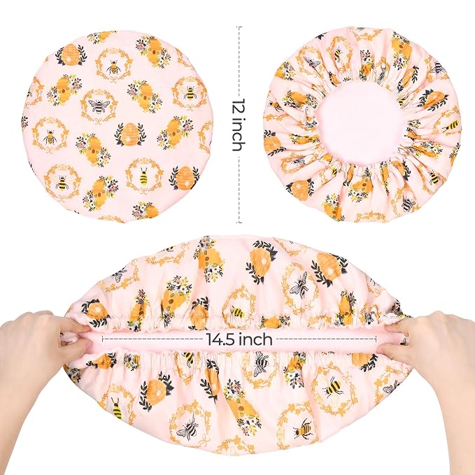 Shower Cap for Women Terry Lined Bee Bath Cap Large Reusable Waterproof Elastic Band Beekeeper Shower Caps for Long Thick Hair Soft Bath Shower Hair Caps