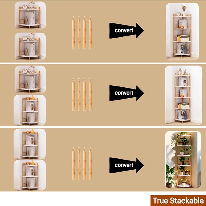 3-Tier Expandable Bamboo Corner Shelf Stand,Corner Bookshelf, Display Storage Shelves with Open Shelves, for Organization and Storage, Living Room, Home Office, Garage (White, 3-Tier WithRail)