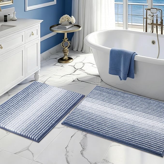Bathroom Rugs Sets 2 Piece, Non Slip Striped Bath Mats, Denim Blue | 20"x32" Plus 16"x24"，Soft Absorbent Chenille, Quick Dry Machine Washable, Shower Rug for Bathroom Floor, Tub, Bedroom Decor