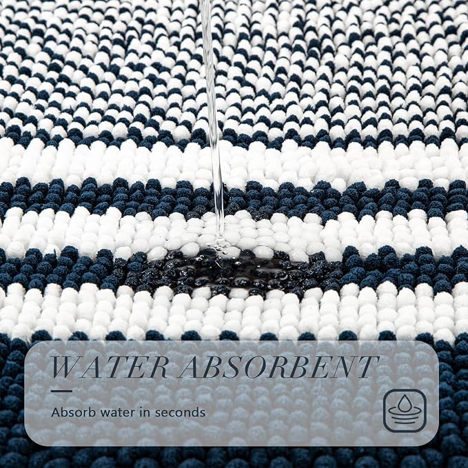 Bathroom Rugs, 20x32 Chenille Bath Mats, Navy Blue | Extra Soft Absorbent, Non Slip Striped, Quick Dry Machine Washable, Modern, Shower Rug for Bathroom Bedroom Decor