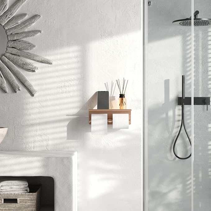 Rose Gold Toilet Paper Roll Holder with Shelf Wall Mounted for Bathroom (Rose Gold, Double Head)