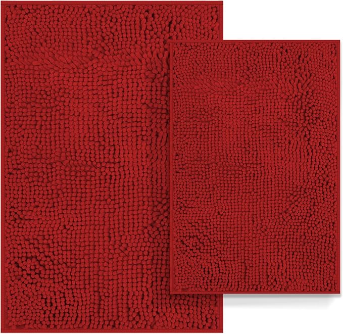 Red Bathroom Rugs Set 2 Piece Ultra Thick Bath Mats, Washable Soft Chenille Bathroom Sets, Bathtub Mat, Ultra Absorbent Bath Carpet