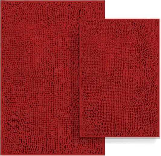 Red Bathroom Rugs Set 2 Piece Ultra Thick Bath Mats, Washable Soft Chenille Bathroom Sets, Bathtub Mat, Ultra Absorbent Bath Carpet