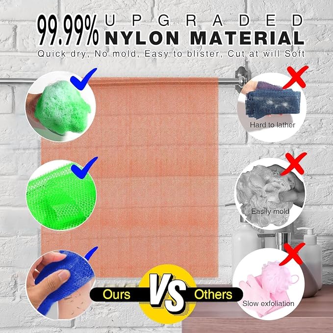 UJFQBH 3 Pieces African Bath Sponge African Net Long Net Bath Sponge Exfoliating Shower Body Scrubber Back Scrubber Skin Smoother,Great for Daily Use (Orange、Blue、Green)