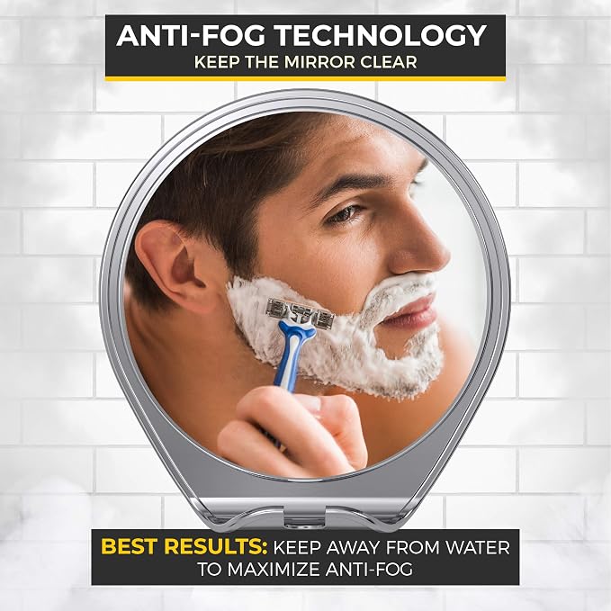 HONEYBULL Fogless Shower Mirror for Shaving with Suction Mount, Chrome | Shatterproof Acrylic Bathroom Accessory With 360 Swivel & Built-in Razor Hook, Clear Reflection in Steam & No-Drill Setup