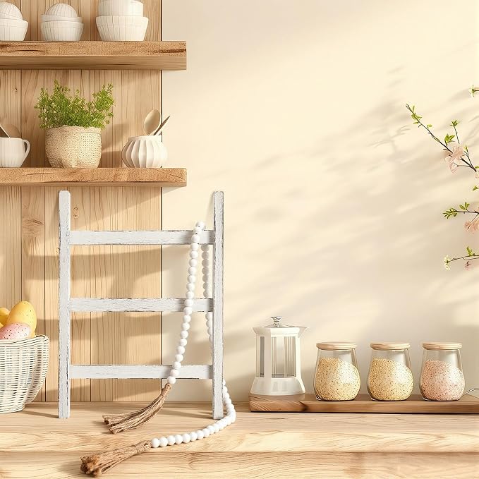 AceOrbit 2 Pcs 14'' Tea Towel Ladder with 3.3 ft Vintage Wood Bead Garland Small Decorative Ladder Hand Towel Stand Mini Blanket Holder Rack Kitchen Counter Farmhouse Rustic Bathroom Decor(White)