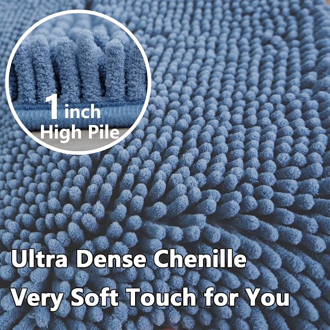 Bathroom Rugs Chenille 3-Piece Extra Soft and Absorbent Shag Bathroom Rugs, Machine Wash Mat, Strong PVC Non-Slip Underside, Plush Carpet Mats (Deep Blue)