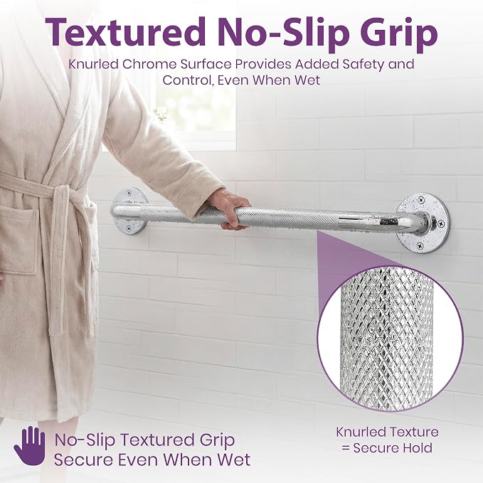 24 Inch Grab Bars for Bathtubs and Showers - Chrome Knurled Bathroom Safety Rail Handle - Non Slip Textured Grip Handicap Grab Bar for Seniors, 250 lbs Weight Support Capacity