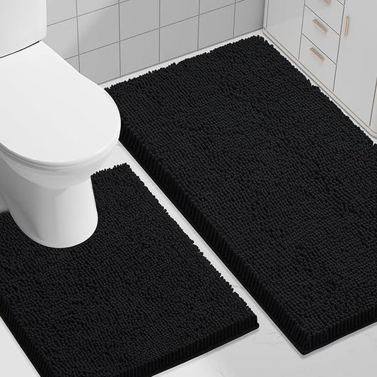 Smiry Chenille Bathroom Rugs Sets 2 Piece (30x20+ U Shape 24x20, Black) | Soft Absorbent Machine Washable Non Slip Shaggy Bath Rug Set for Tub, Shower, and Floor, Home Decor