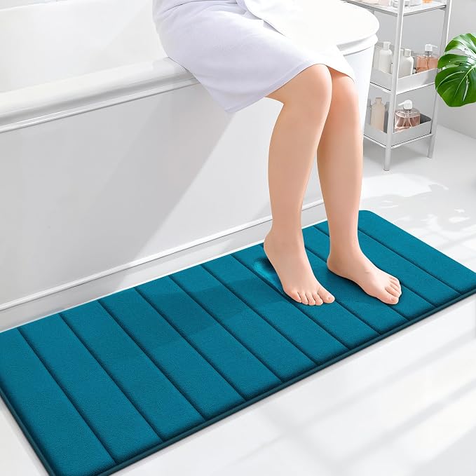 OLANLY Memory Foam Long Bathroom Rugs Runner 47x17, Super Soft Absorbent | Peacock Blue, Quick Dry Bath Mat, Machine Washable Shower Floor Rugs, Bathmat Carpet for Bathroom Floor, Tub and Shower