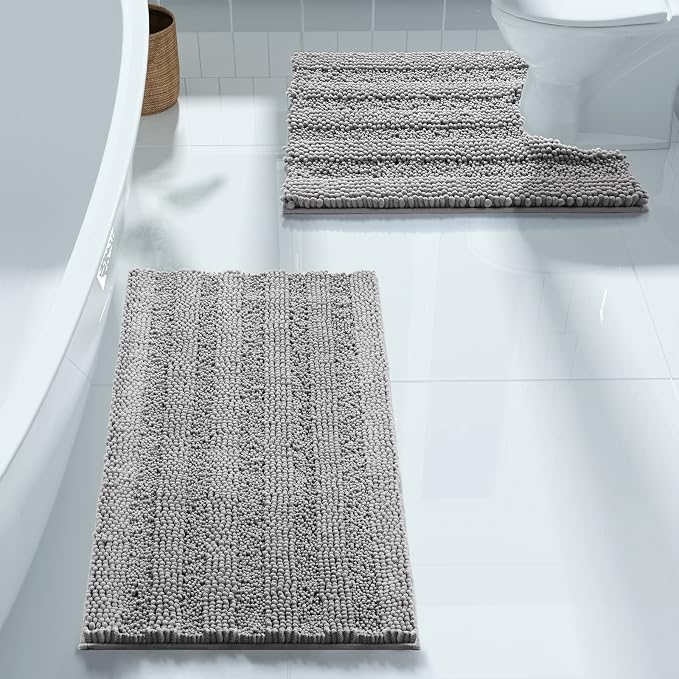 Yimobra U Shaped Toilet Rug Set, Absorbent Chenille, 24x17+24x20, Gray | Soft Plush Chenille Shower Rugs for Bathroom Floor Sink Tub and Shower Outside, Non Slip Machine Washable Quick Dry