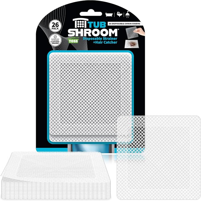 TubShroom 26 Pack Square Disposable Drain Cover - Hair Catcher Mesh Sticker Strainers for Shower Bathtub and Bathroom - Hair Catcher Sticker Drain Protector - Half Year Supply