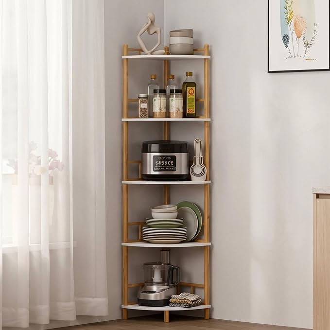 5-Tier Expandable Bamboo Corner Shelf Stand,Corner Bookshelf, Display Storage Shelves with Open Shelves, for Organization and Storage, Living Room, Home Office, Garage (White, 5-Tier WithRail)