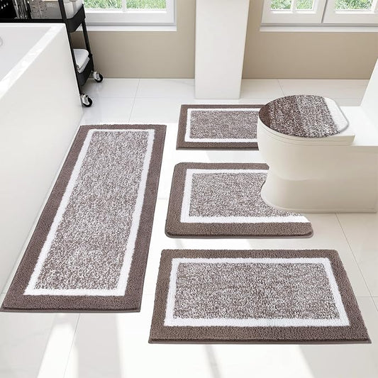 Pauwer Bathroom Rugs Set 5 Piece, Non Slip Microfiber Bath Mat, Coffee | Washable Bathroom Mat with U Shaped Toilet Rug, Long Shower Runner, Toilet Lid Cover, Quick Dry Absorbent Plush Floor Carpet