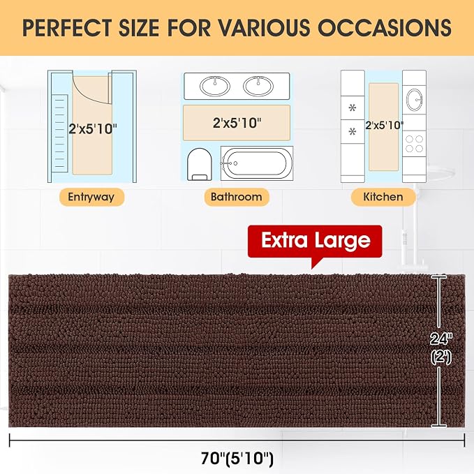 ACCUMTEK Extra Long Striped Brown Bathroom Rug Mat 70"x24" Ultra Soft, Non Slip Chenille Bath Rugs, Absorbent Plush Shaggy Bath Mats for Bathroom, Bedroom, Kitchen, Shower, Tub