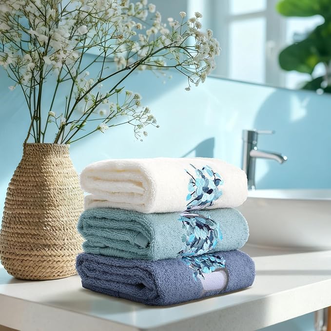 3 Pcs Blue Eucalyptus Leaves Hand Towels Botanical Bathroom Decor | Embroidered Eucalyptus Design, 100% Cotton, Farmhouse Bathroom Kitchen Decor, Absorbent Towels, Holiday Housewarming Gifts