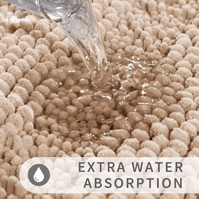 Yimobra Bathroom Rug Set 2 Piece, Absorbent Chenille, 32x20+24x17, Beige | Non Slip Machine Washable Quick Dry Bath Mat Set, Soft Plush Shower Rugs for Bathroom Floor Sink Tub and Shower Outside