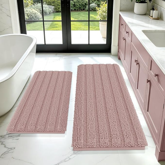 ACCUMTEK Striped Dusty Pink Bathroom Rug Mat Set 2 piece 24"x17"+48"x20" Ultra Soft, Non Slip Chenille Bath Rugs, Absorbent Plush Shaggy Bath Mats for Bathroom, Bedroom, Kitchen, Shower, Tub