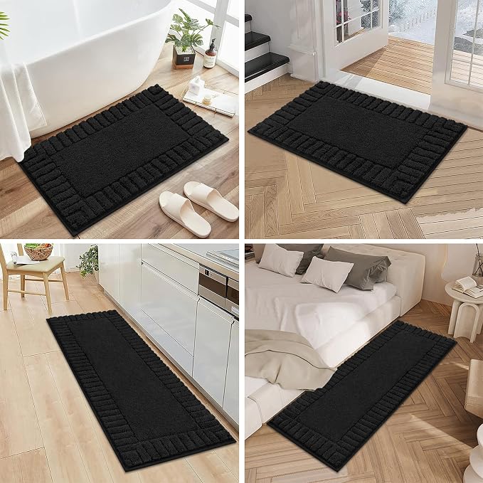 Pauwer Bathroom Rugs Sets 3 Piece, Microfiber Bath Mat Set, Black | Non Slip Washable, Soft Plush, Extra Absorbent Bath Mats, U Shaped Contour Toilet Rug for Bathroom